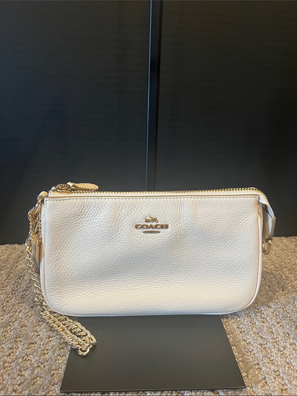 Coach Off White Pebbled Leather Wristlet with Gold Chain